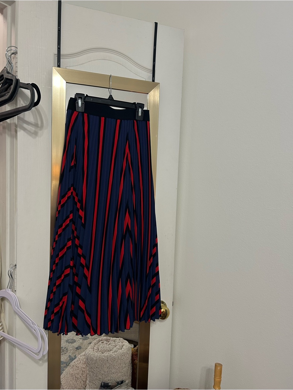 H&M - Red, Blue, & Black Striped Pleated Midi Skirt, Size Small